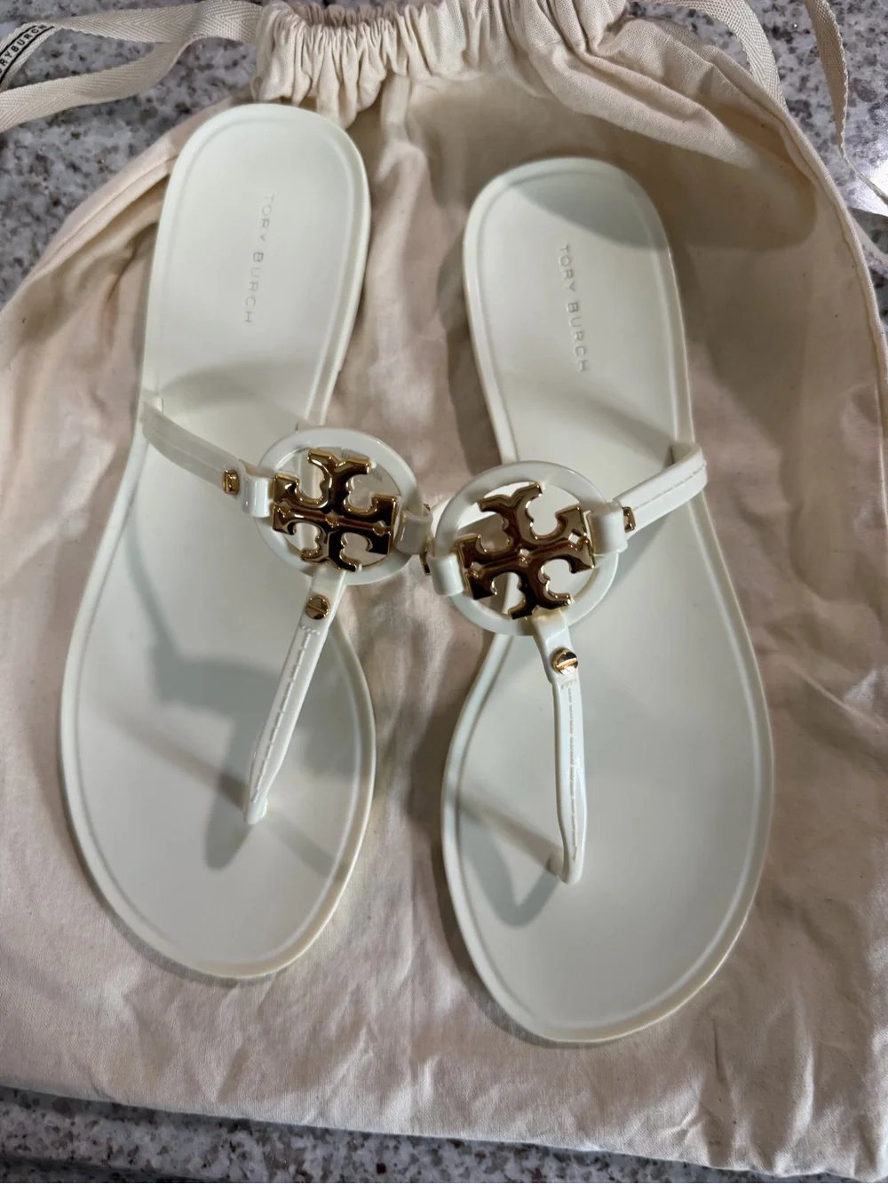 Tory Burch Ivory Miller Jelly Logo Slingback Sandals with Gold Emblem